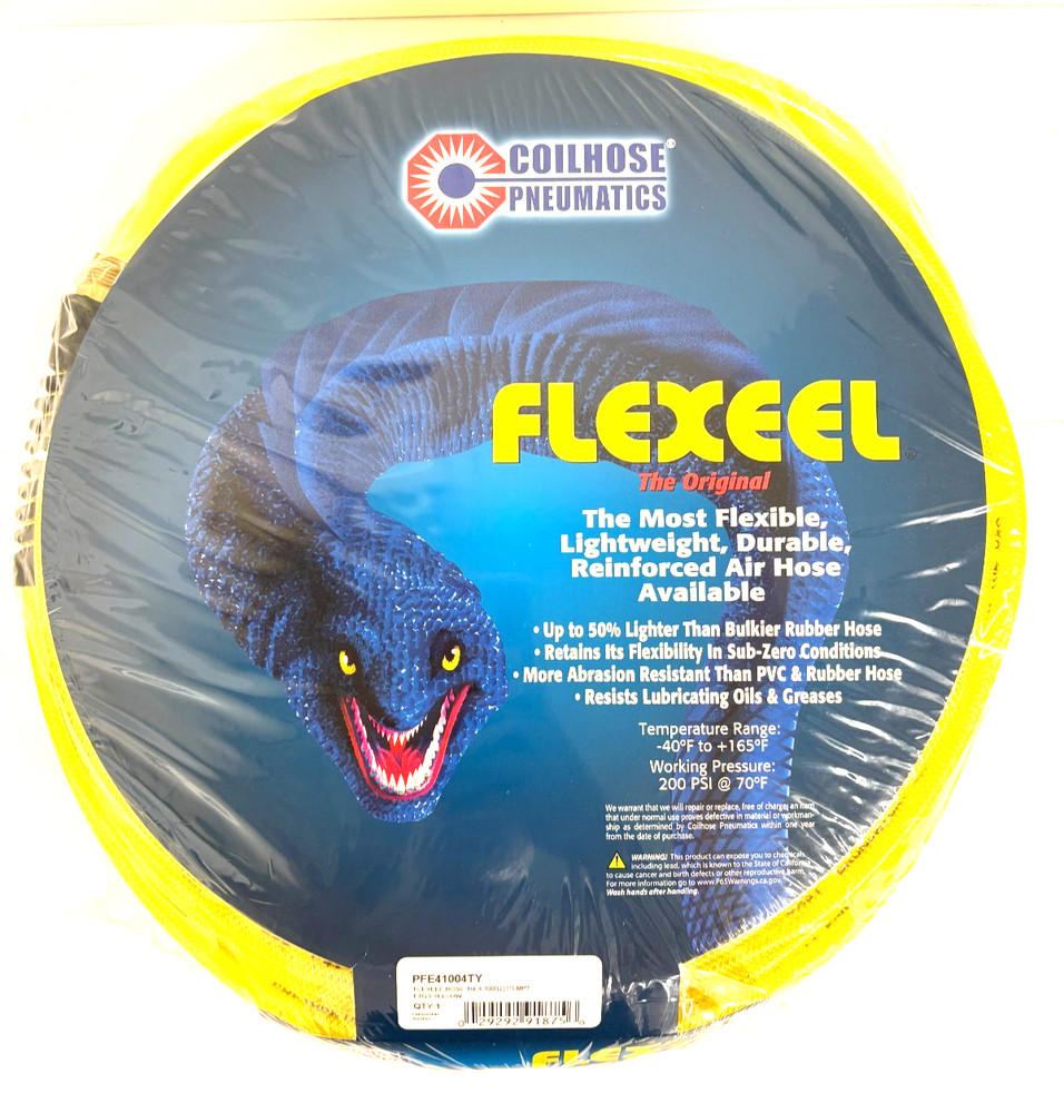 Coilhose Pneumatics PFE41004TY FLEXEEL 1/4 x 100′ Hose 1/4″ MPT Fittings Yellow