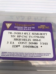 1 pc. 7/8-9 GH3 4FX HP SPIRAL FLUTE SEMI-BOTT CNC TAP W/TIN. USA (loc stk)