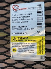 1/8″ x 1/8″ x 1/8″ thick N35 Neodymium Magnet – 0.62lbs Pull ( 50)(ID26-10)