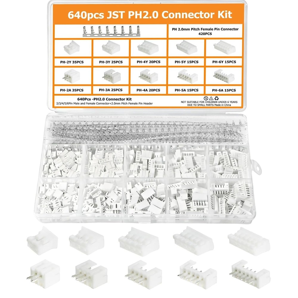 640PCS JST PH 2.0mm Connector Kit PH2.0mm Adapter Cable Terminal Connectors Set