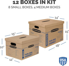 Classic Moving Box 12 Pack Kit, Reinforced Handles, Tape-Free Assembly, Box with