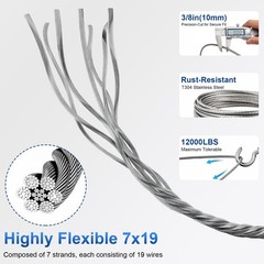 3/8″ Stainless Steel Aircraft Cable Wire Rope Type 7×19 Type 304 (100 Feet)