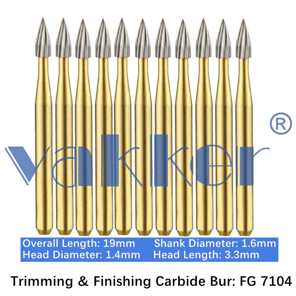 10-100pcs Vakker Dental Trimming Finishing Carbide Burs Gold Flame Burs FG 7104
