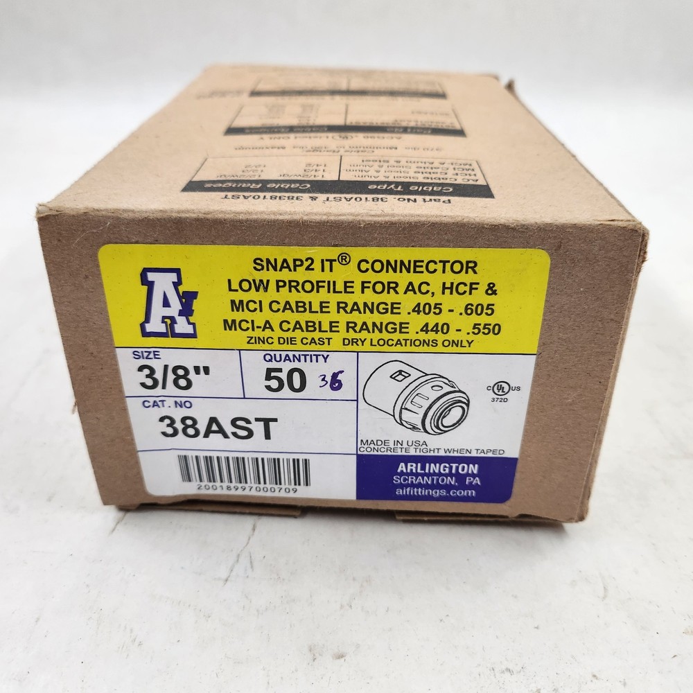 (36) ARLINGTON FLEX 38AST-50 SNAP2 IT 3/8” CONDUIT CONNECTOR for Flex, AC & MCI
