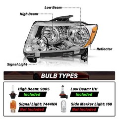 Headlights Assy 11-13 Jeep Grand Cherokee 11-17 Compass Chrome Amber Bulbs