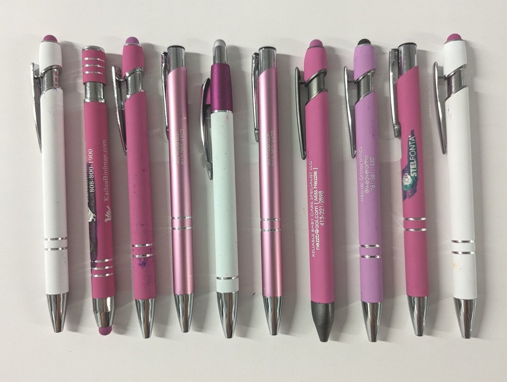 10ct Mixed Lot Misprint Metal Retractable Click Pens: PINK & White Assortment