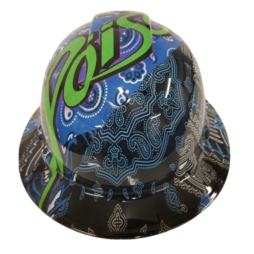 full brim hard hat custom hydro dipped IN BLUE BANDANNA WITH POISON LOGO
