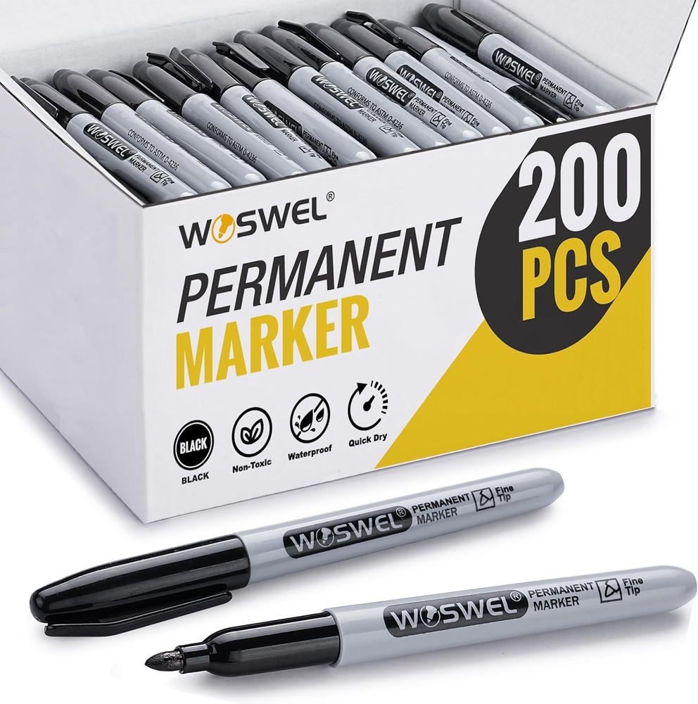 Permanent Markers Bulk, 200 Pack, Black Permanent Marker Pens, Fine Tip