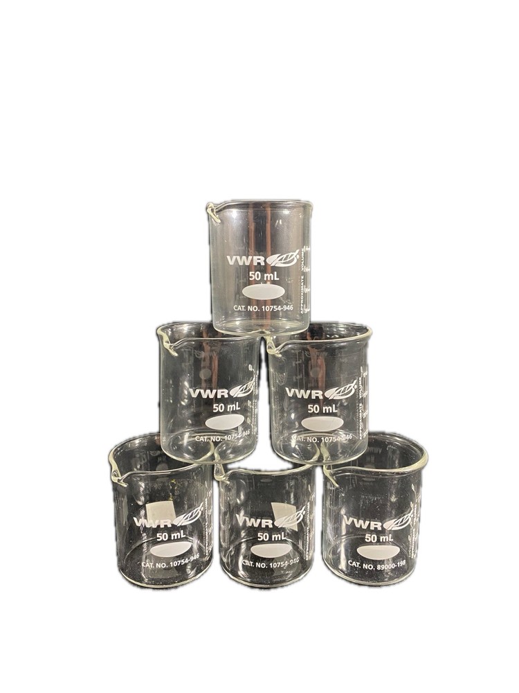 VWR 50mL Low Form Griffin Glass Graduated Beaker Pour Spout 6PK 10754-946