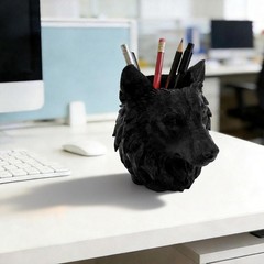 3D Printed Wolf Head Pen Holder, Black Plastic Animal Desk Stationery Organizer