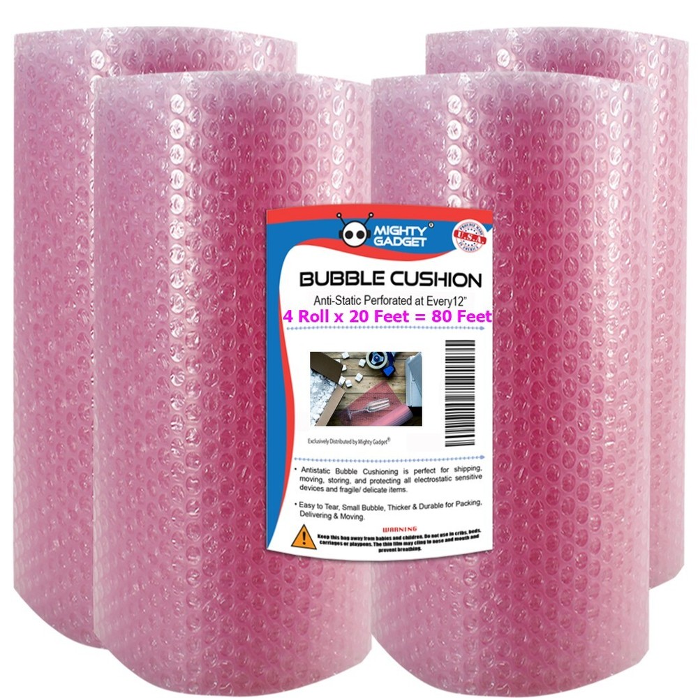 4 Pack Bubble Cushioning Wrap Rolls, Air Bubble, 12 Inch x 80 Feet Total Pink
