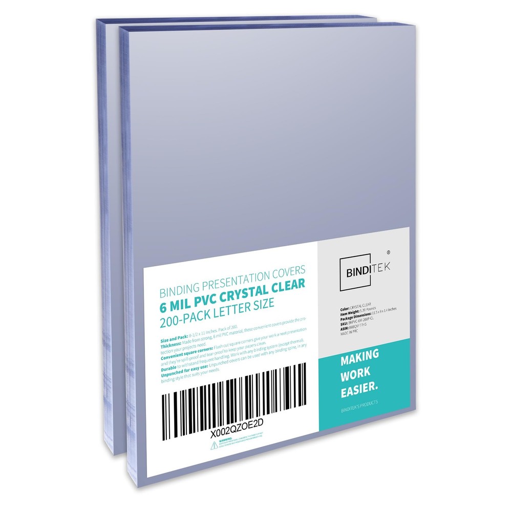 Binditek 200 Pack 6 Mil PVC Clear Binding Covers, 8.5 X 11 In, Letter Size,
