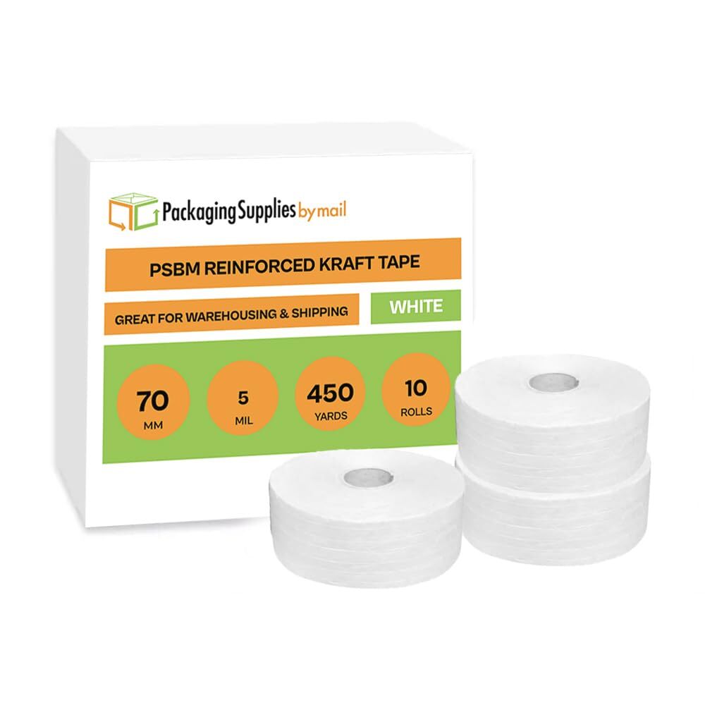 10 Rls Wolverine Water Activated White Gummed Packing Tape 70mm x 450′, 5.1 Mil