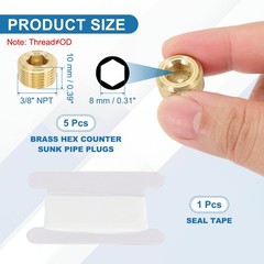 3/8″ NPT Male Pipe Plug Fitting, 5Pcs Brass Hex Counter Sunk Pipe Plug