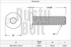 M2.5 x 6mm, Socket Head Screws, Ultra Low Profile, Thin, Wafer, Steel, Black