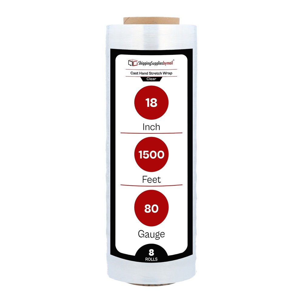 8 Rolls 18″ x 1500′ 80 Gauge Cast Hand Pallet Stretch Wrap Clear Shrink Film