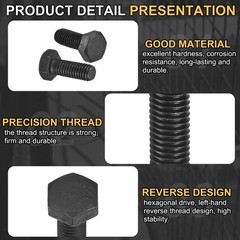 3Pcs M8-1.25 x 20mm Left Hand Hex Head Bolt Black Oxide Carbon Steel Reverse