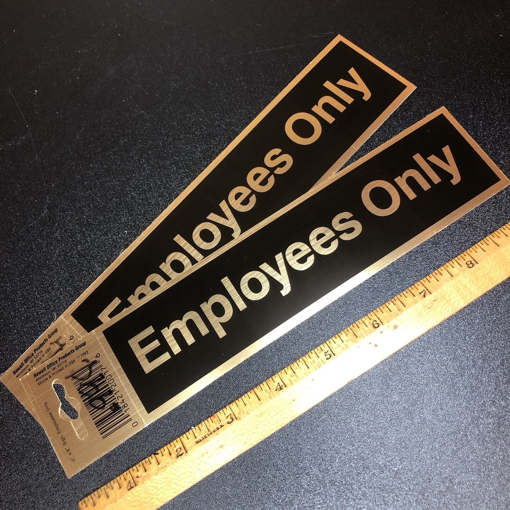 2 Employees Only 2×8″ door signs by Newell Office Prod, Gold & Black STICKER Lot
