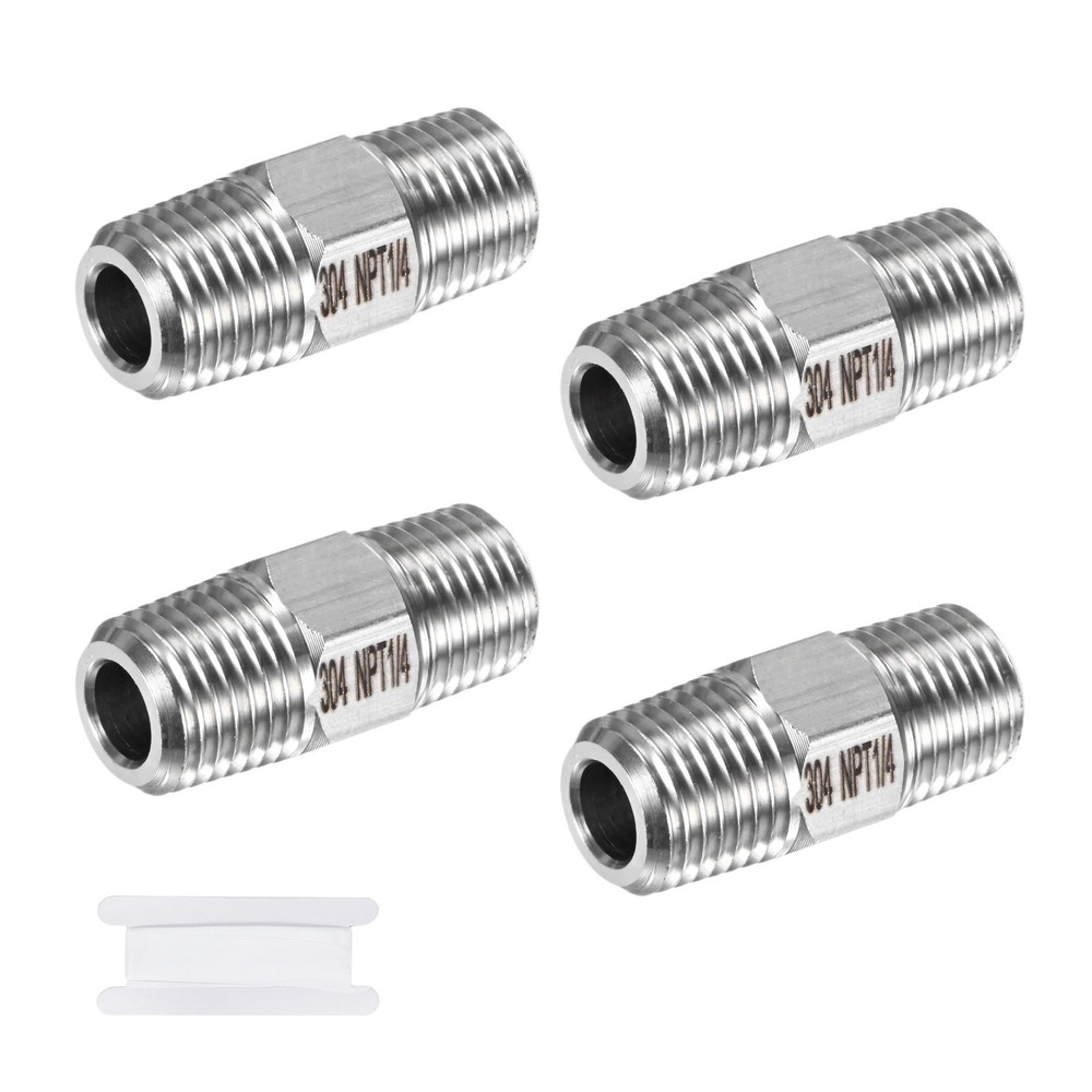 4-Pack 304 Stainless Steel 1/4″ NPT Male x 1/4″ NPT Male Hex Nipple Pipe Fitting