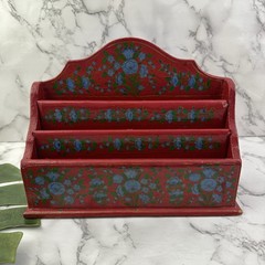 Vintage 90s Mail File Organizer Red Blue Floral Painted Wood India Desk Office