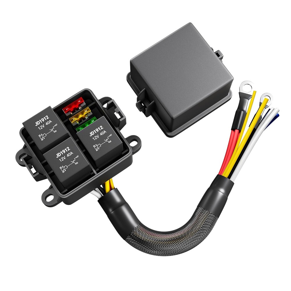 DaierTek 12V 3 Way Waterproof Relay Box Pre-Wired Fuse and Relay Box 3×4 Pin 40A
