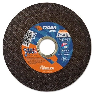 Tiger Zirconia Ultracut Thin Cutting Wheel, 4.5″, 7/8″ Arbor, 60, 13300rpm, 50PK