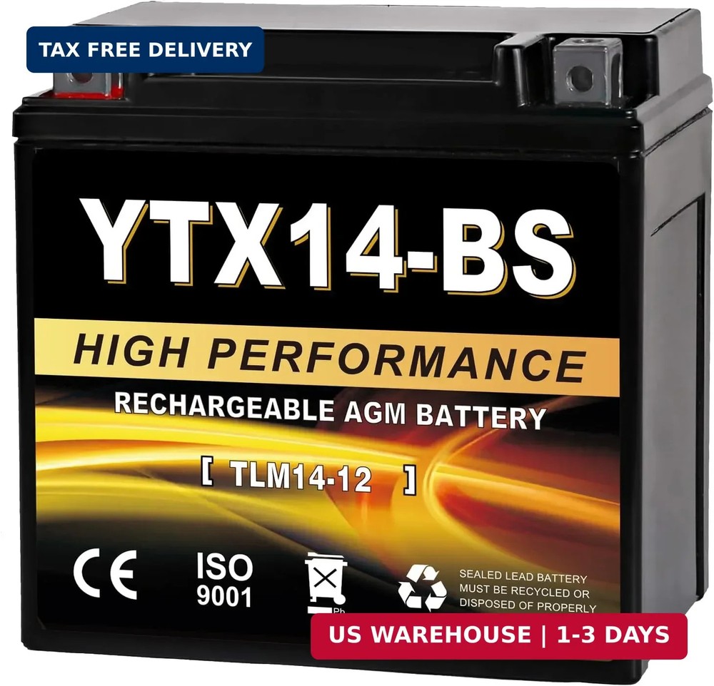YTX14-BS 12V 14Ah AGM Sealed Motorcycle Battery, Maintenance-Free, Compatible wi