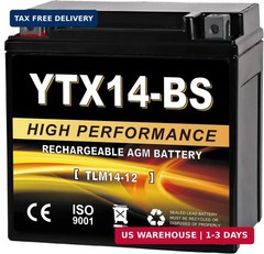 YTX14-BS 12V 14Ah AGM Sealed Motorcycle Battery, Maintenance-Free, Compatible wi
