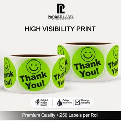 Thank You Stickers Neon Green 2” Circle – 250 Labels Per Roll – Smile Face