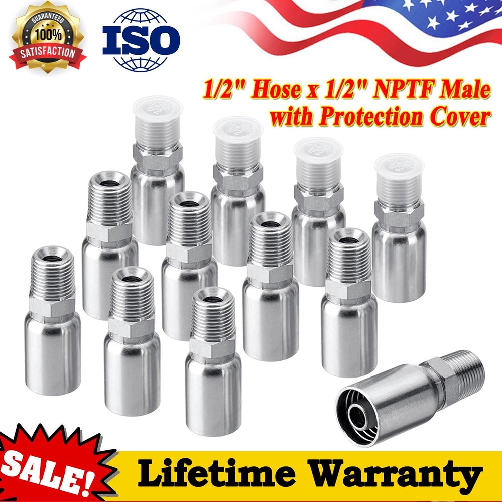 12Pack 1/2″ I.D. Hose x 1/2″ NPTF Male Hydraulic Hose End Crimp Fittings w/Cover