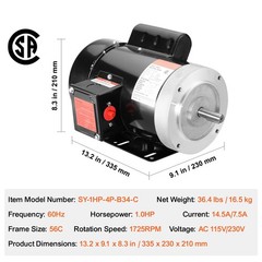 Uimoso 1HP Electric Motor 1725RPM AC115V/230V 56C Frame Single-Phase 5/8″ Shaft