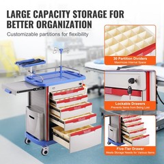 5-Tier Equipment Cart 400lb Load Capacity with Drawers and Refuse Bins Blue