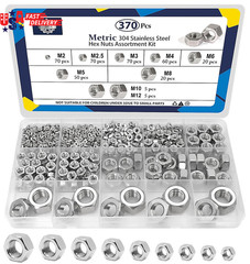 370 Pcs Metric Hex Nuts Assortment Kit, M2 M2.5 M3 M4 M5 M6 M8 M10 M12, 304 Stai