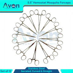 5.5in Hemostat Locking Mosquito Forceps Clamps | Cur+Str, Serrated | 12pc Lot