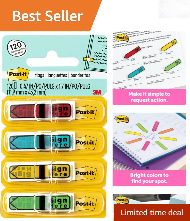 Message Sign Here Flags Assorted Colors 0.47 in Wide 4 Dispensers/Pack