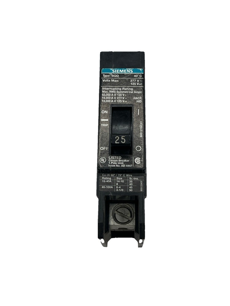 Siemens BQD125 25 Amp 1P 277V AC 125V DC Breaker See Pics Details In Description