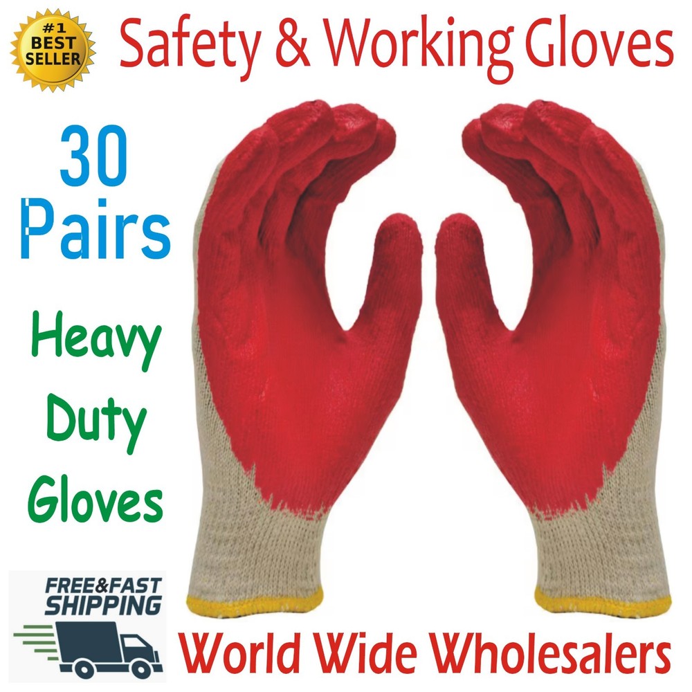 WHOLESALE 30 Pairs Non-Slip Red Latex Rubber Palm Coated Work Safety Gloves