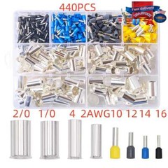 440Pcs 2/0 1/0 4 2 16 14 12 10 AWG Wire Ferrules Kits Crimp Terminals Connectors