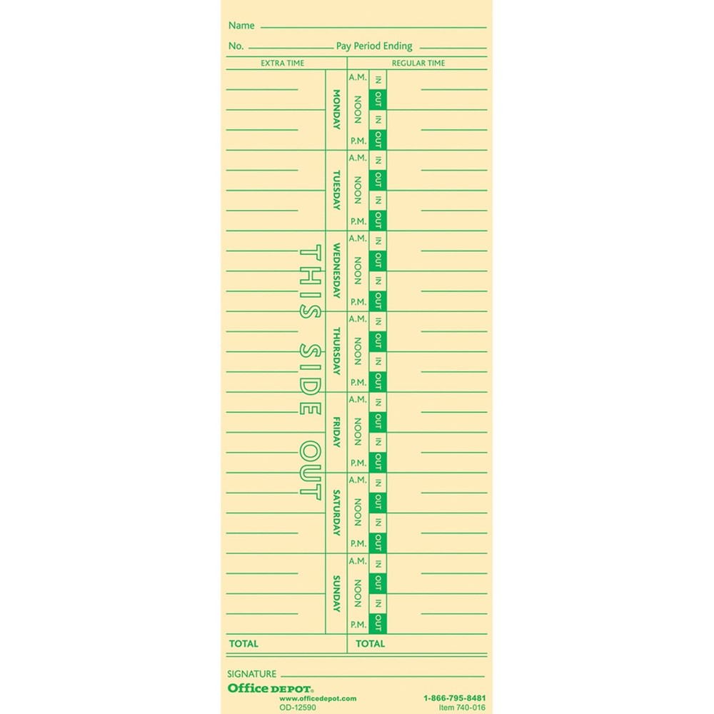 Office Depot Time Cards, Weekly, Monday-Sunday Format, 1-Sided, True, Manila