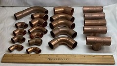 21 COPPER PIPE FITTINGS ELBOWS TEES Solder Sweat Various Sizes COPPER PLUMBING