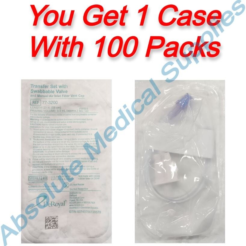 *100-Packs* DeRoyal CT Transfer Set With Swabbable Valve 23″ Sterile 77-3200
