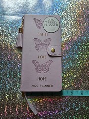2027 Weekly Pocket Planner Faux Leather, Faith Love Hope Purple Butterfly Tassel
