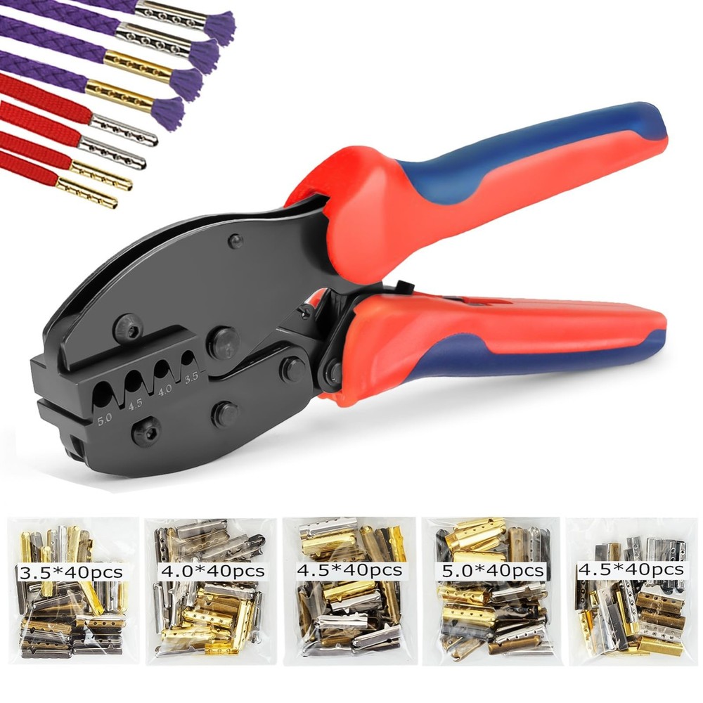 Metal Aglets for Shoelaces – 200 Pcs in 4 Colors & Sizes, Crimping Tool Included