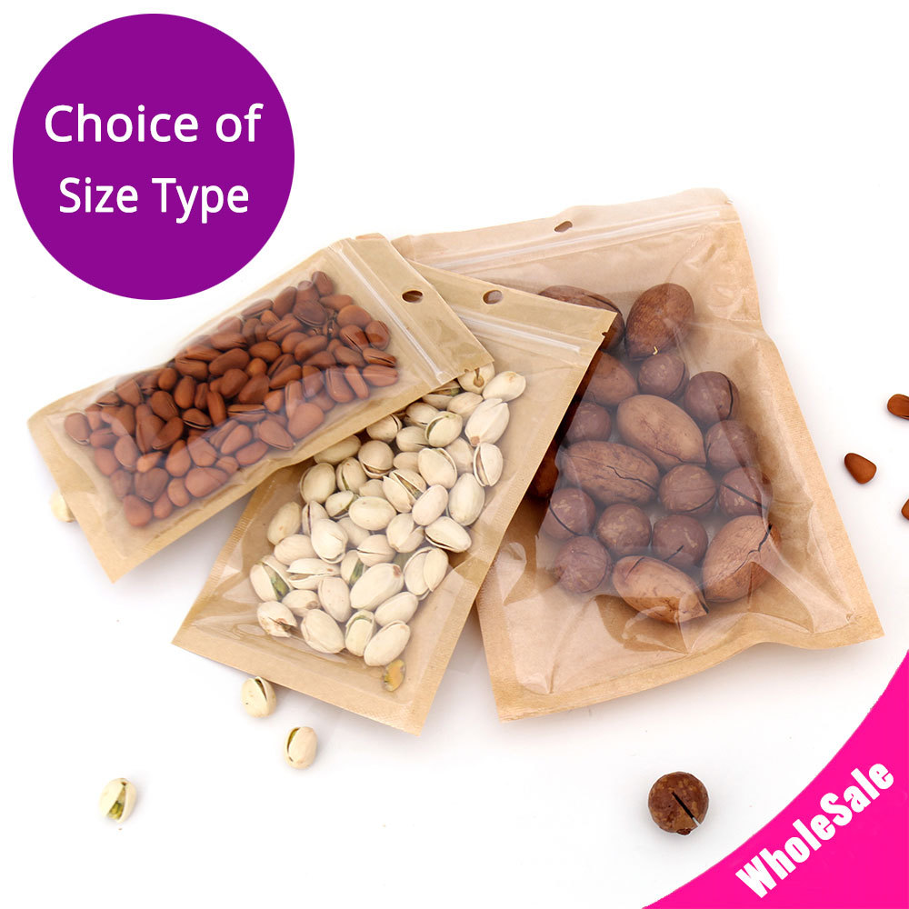 Many Sizes Clear Front Kraft Paper Back Mylar Flat Zip Lock Bag w/ Round Hole