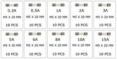 100Pcs 5x20mm Quick Blow Glass Tube Fuse Assorted Kits Fast Action Glass Fuses