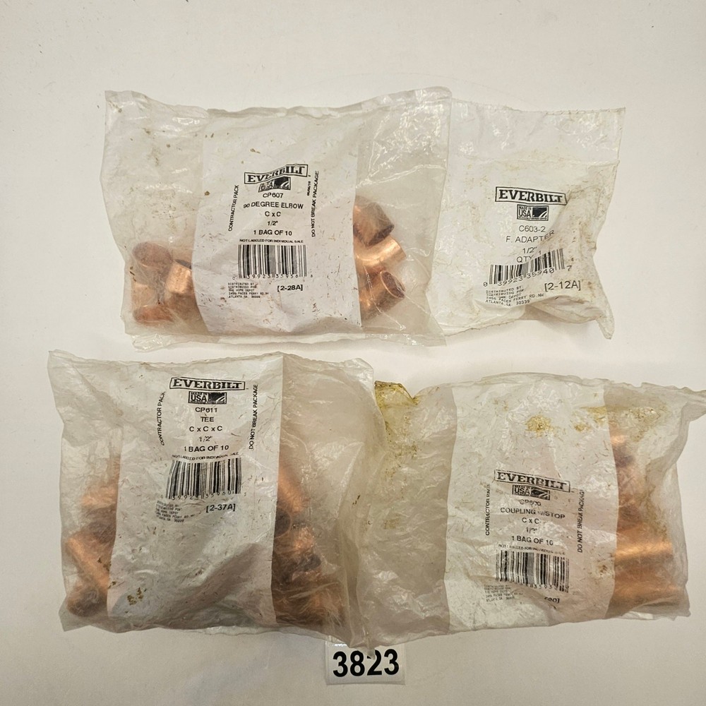 LOT OF 4 EVERBILT 1/2″ COPPER PLUMBER FITTINGS TEE ELBOW COUPLING ADAPTER
