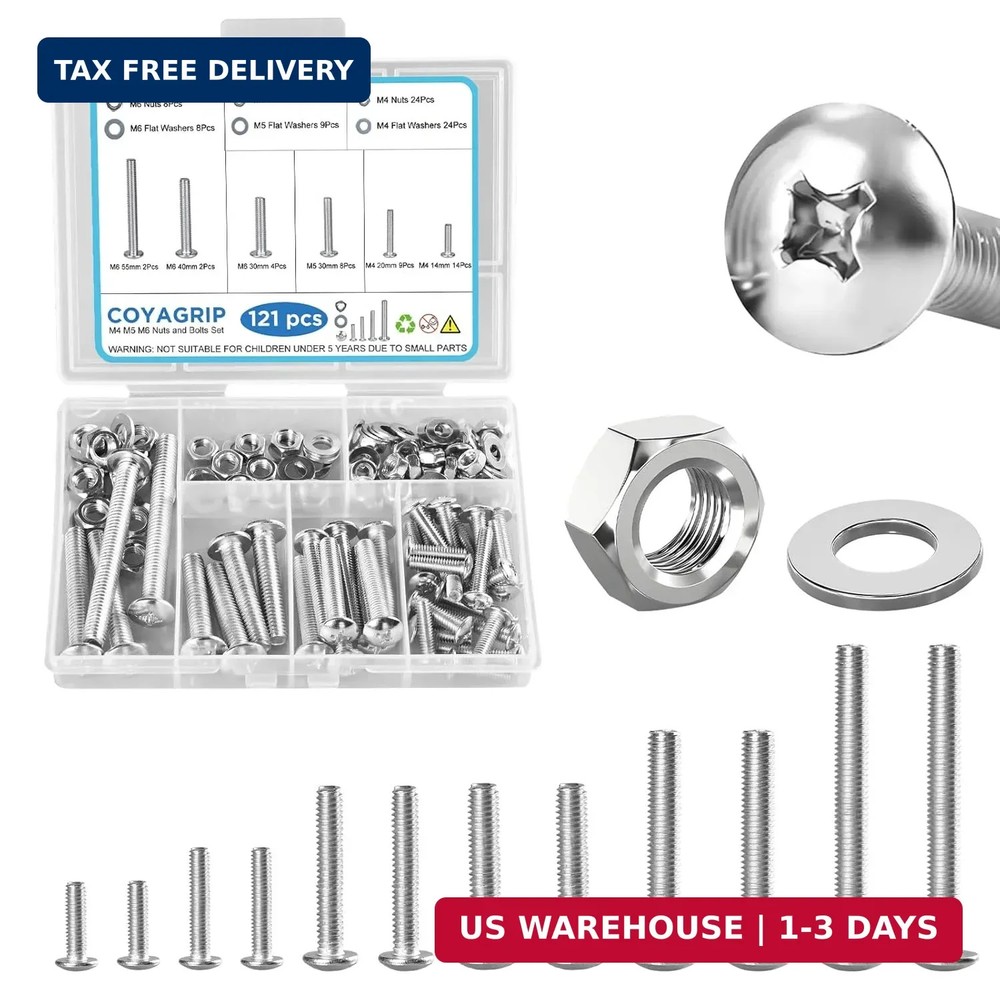 121PCS Nuts and Bolts Assortment Kit, M4 M5 M6 Phillips Head Machine Screws Asso