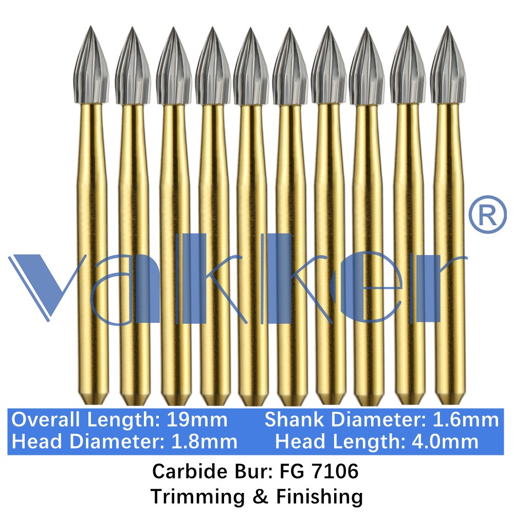10-100pcs Vakker Dental Trimming Finishing Carbide Burs Gold Flame Burs FG 7106