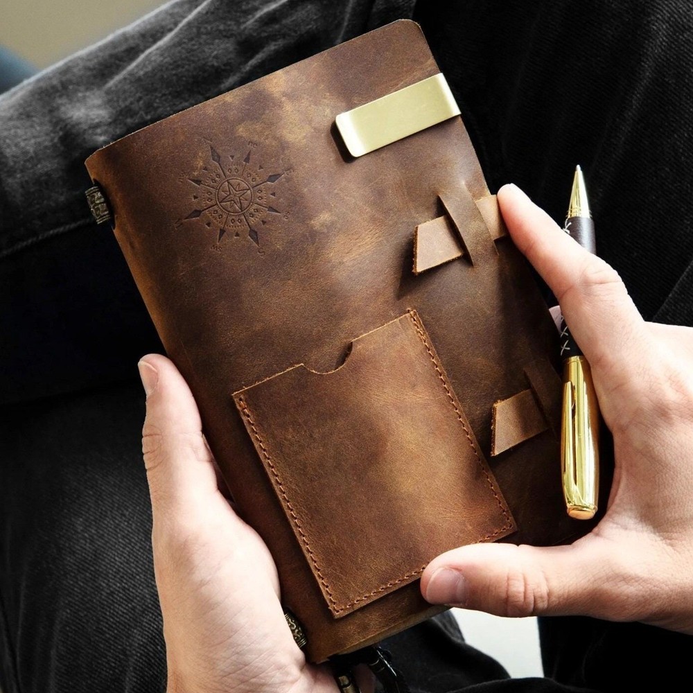 100% Genuine Leather Notebook Journal Gift Set Fountain Pen Brown 5x7in Gift Box