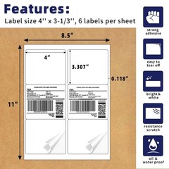 4×3-1/3 Shipping Labels 6 Per Sheet 6UP Printable Sticker Paper for Laser Inkjet